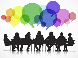 Silhouette of a parish council meeting with speech bubbles overhead